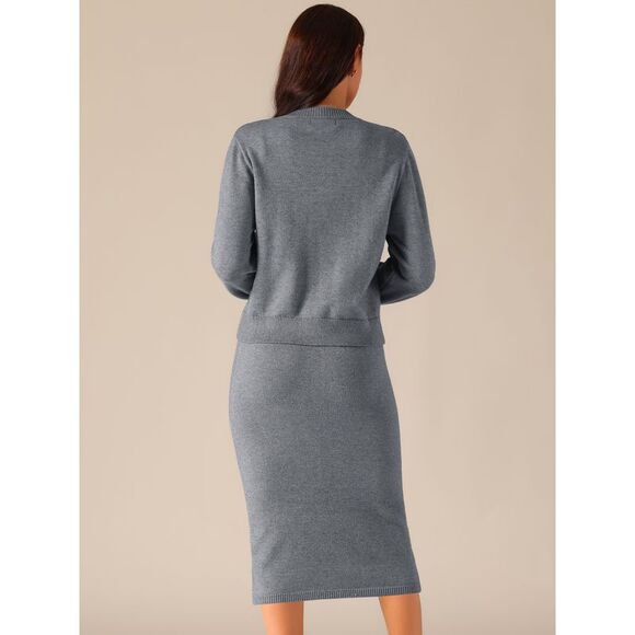 Two Piece Winter Button Down Cardigan Midi Skirts Casual Lounge Set Grey - Picture 4 of 5